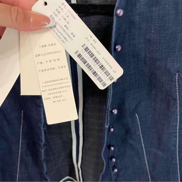 Navy Dark Jean Like Pearl Button-Up Blouse - Picture 4 of 8